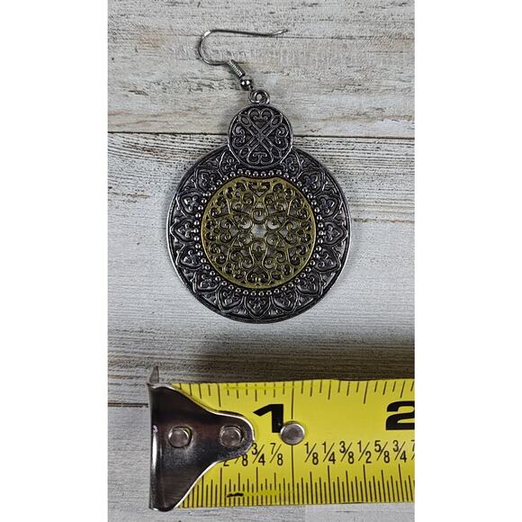 Costume Jewelry Earrings Silver And Bronze Colored Disc Shaped - Picture 3 of 4